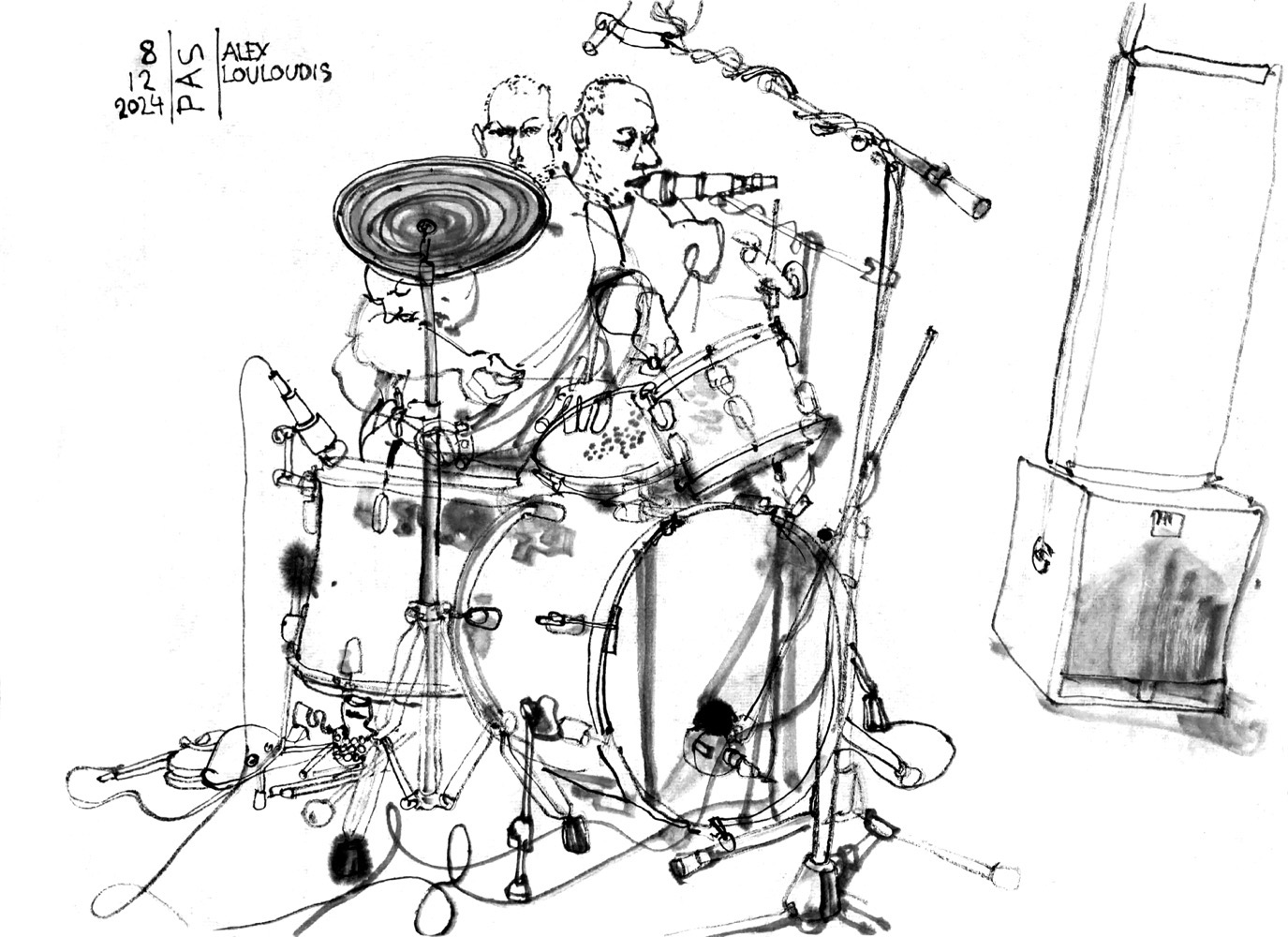 Ink drawing of a man, playing drums.