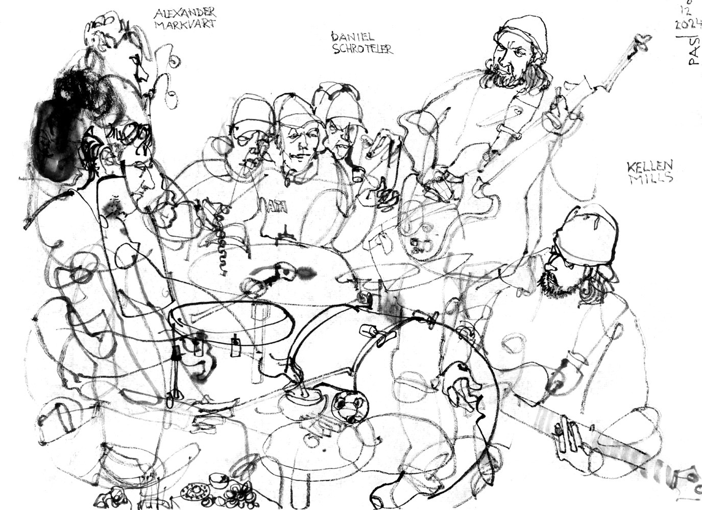 Ink drawing of three musicians, a man playing guitar and objects, a drummer and a third man playing bass. The musicians are depicted multiple times.