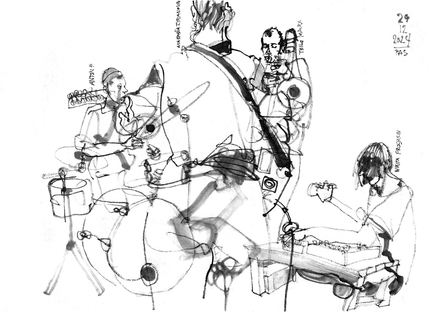 Ink drawing of four musiciand, female guitarist and singer from the back, a man on drums, another man playing trombone and another man playing electric bass and electronics.