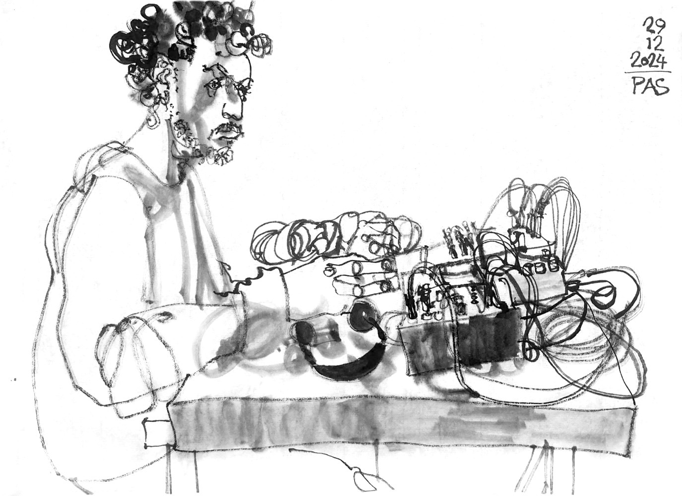 Ink drawing of a man, sitting at a desk with electronic devices.