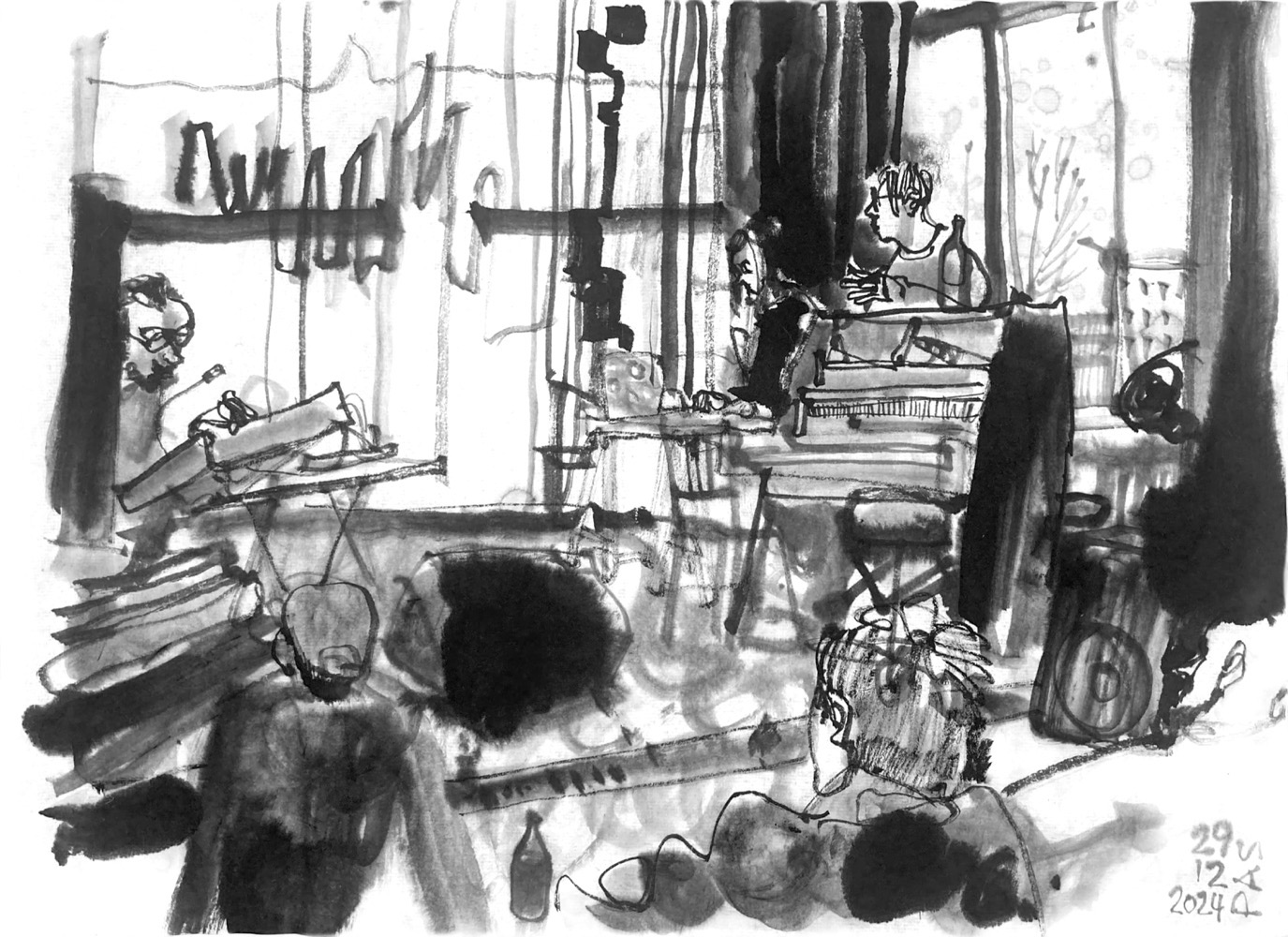 Ink drawing of a stage with three performers, a man on synths, a woman behind another des with electronic devices and a man, standing behind a piano, viweing the abstract visuals, projeczed to the back of the stage. Audience is sitting in fromt of the stage.