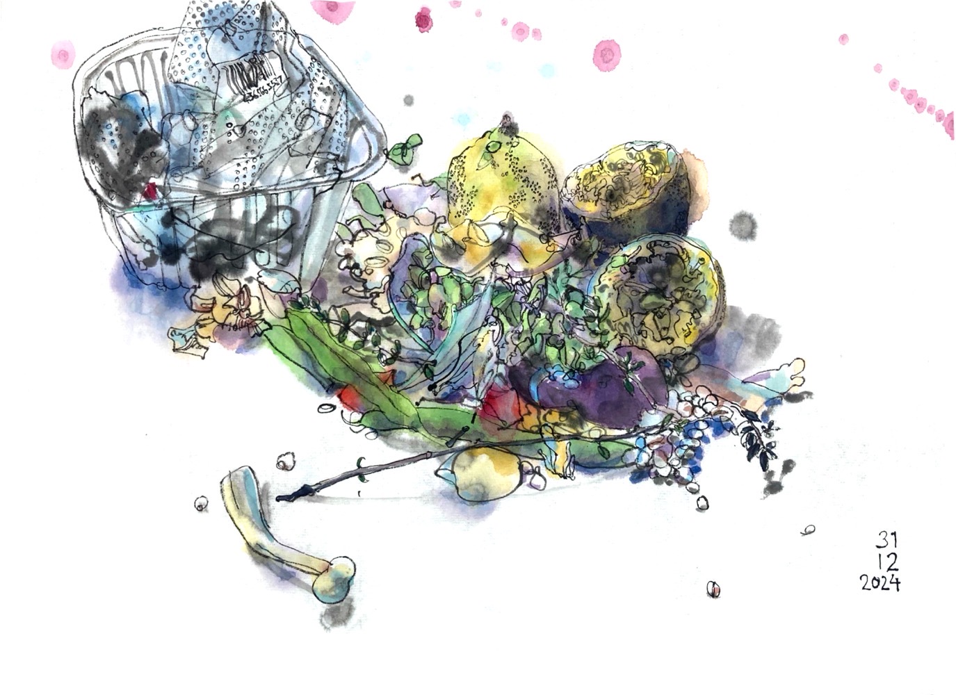 Colored ink drawing of kitchen waste.