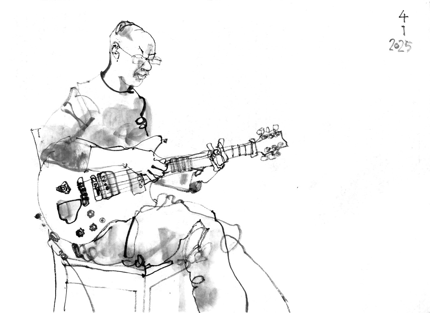 Ink drawing of a man playing guitar.