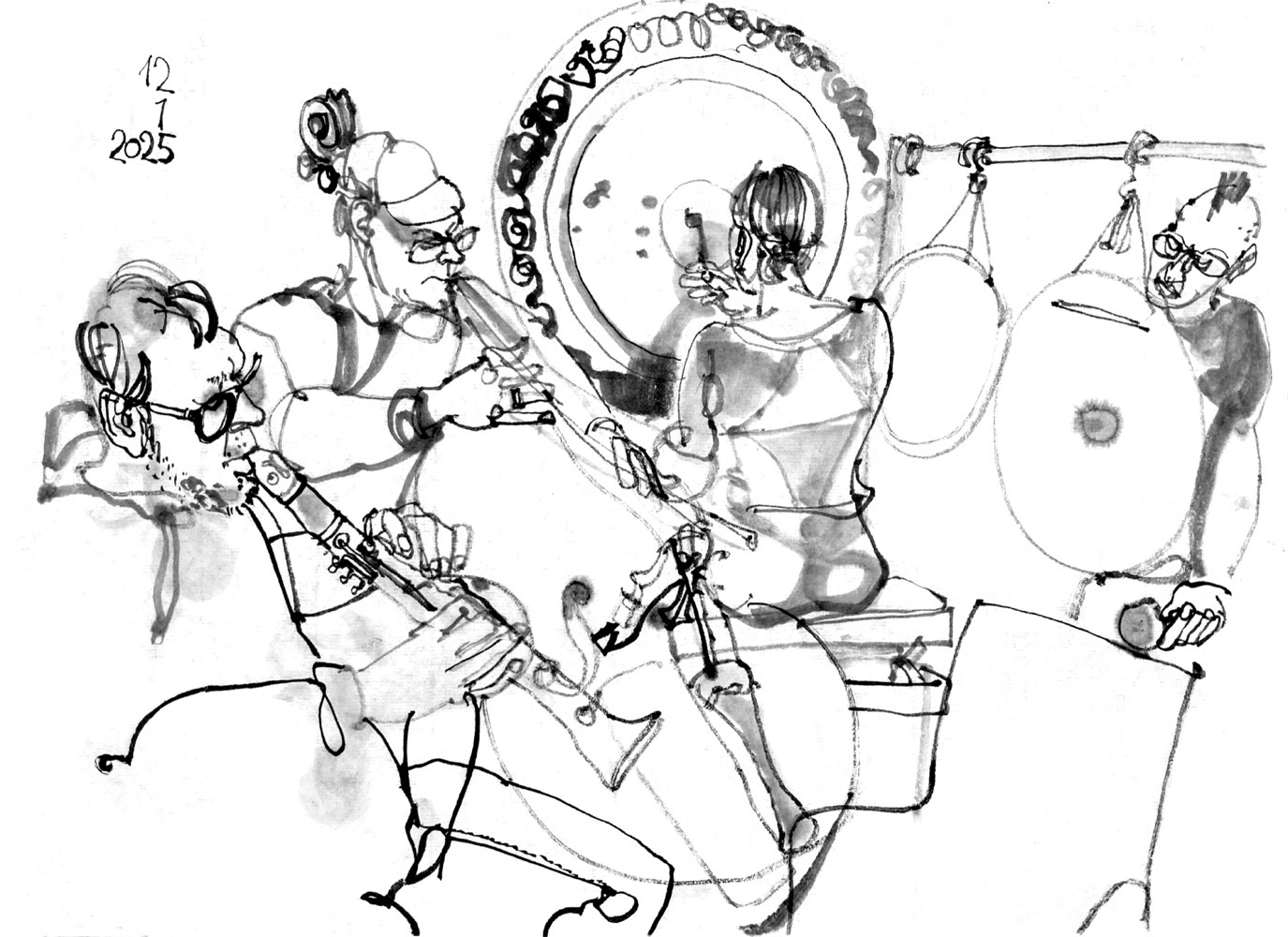 Ink drawing of four musicians, a man playing clarinet, another man playing double bass, a woman at a big gong and a man playing two smaller gongs.