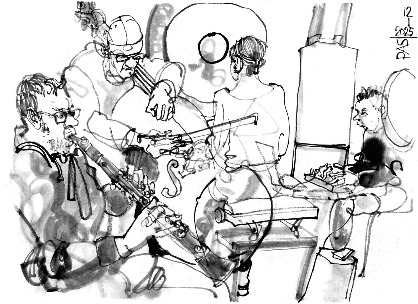 Ink drawing of four musicians, a man playing clarinet, another man playing double bass, a woman at a big gong and a man at an electronic device.