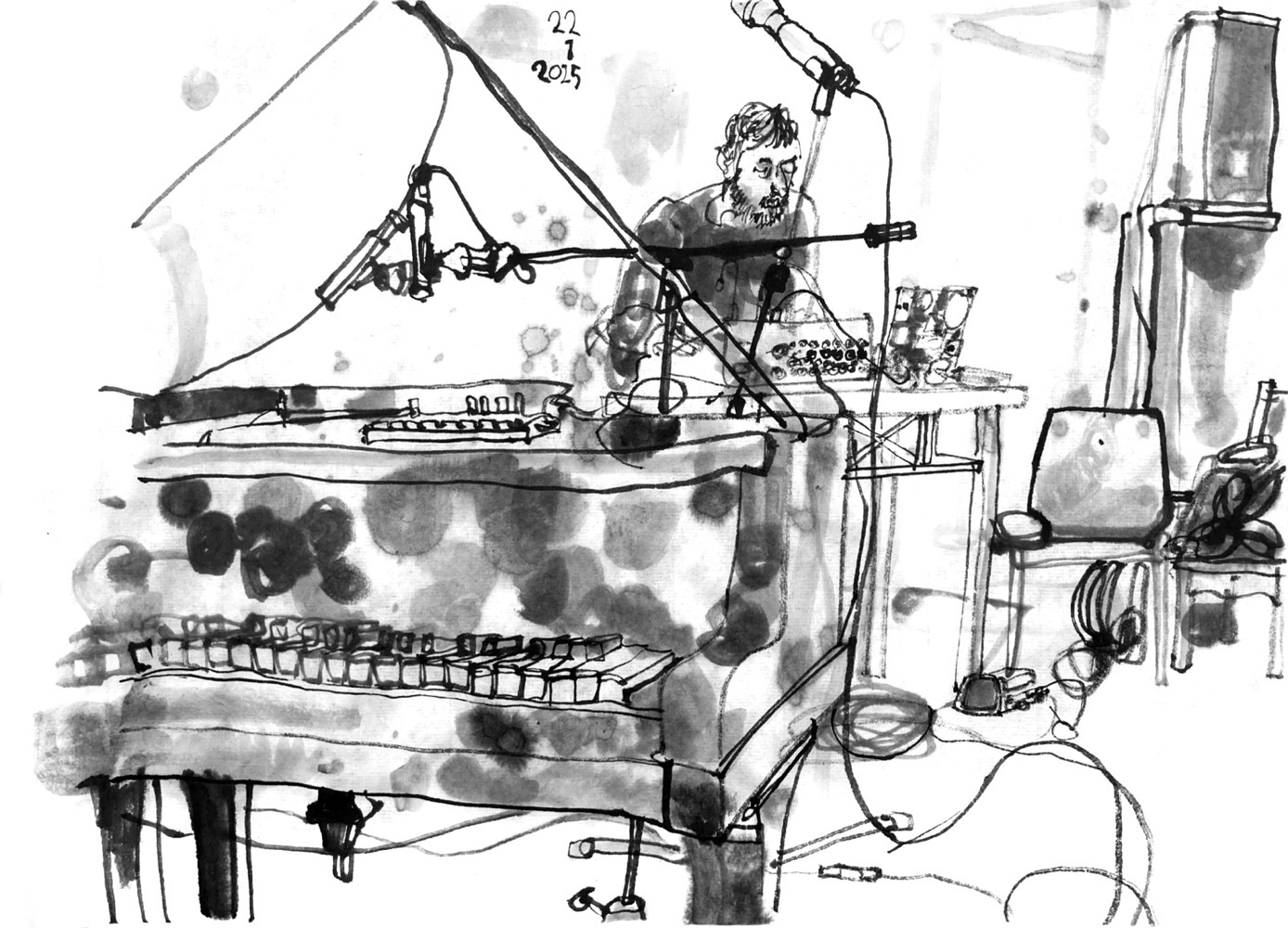 Ink drawing of a male bearded musician at a desk with some electronic devices, including a laptop. A piano is in the front left.