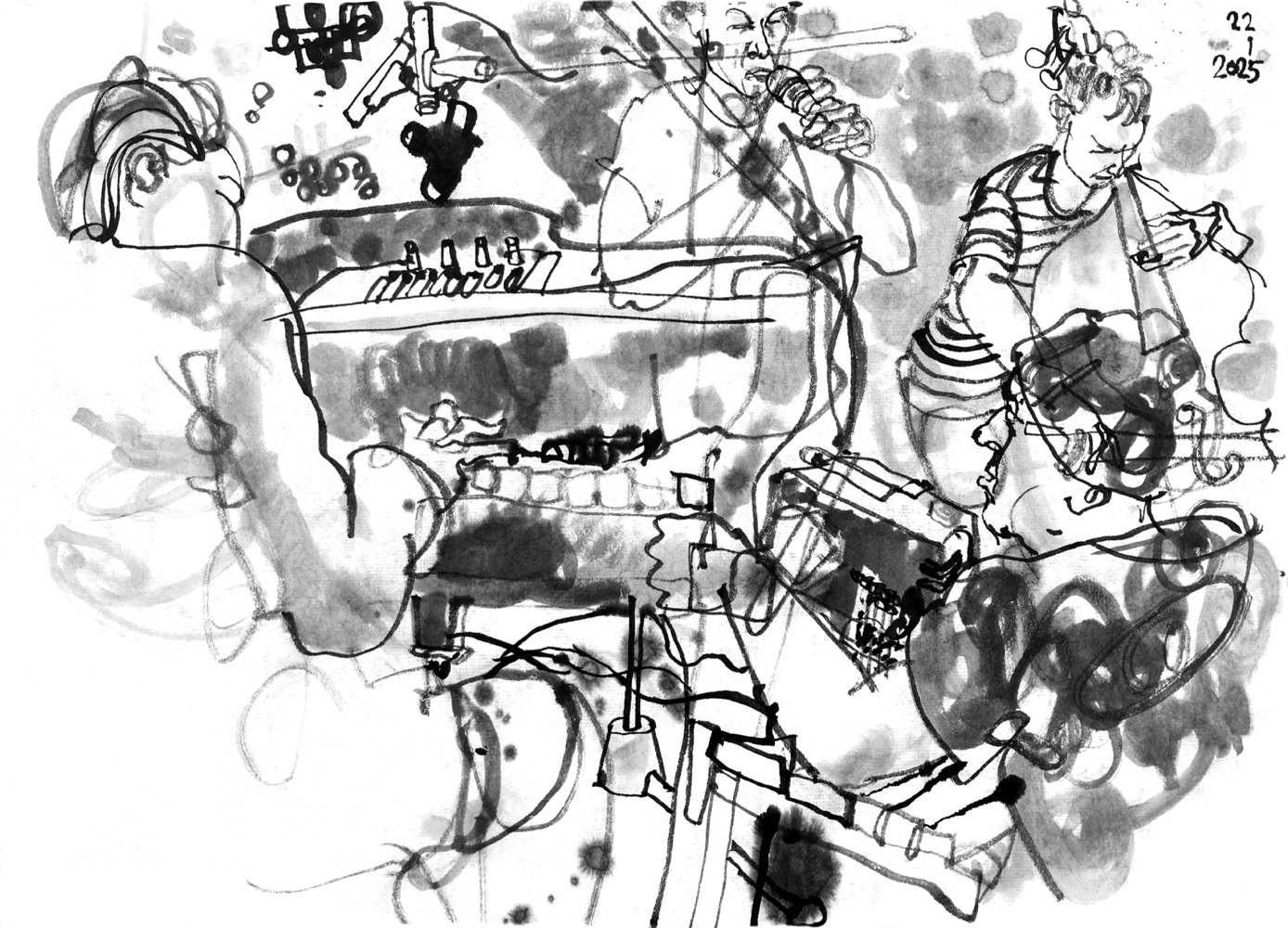 Ink drawing of four musicians, on the left a woman playing piano, behind the piano a man singinf, in the back right a male baseplayerand in the low right front a man, crouching in front of a box wit projectors and electronic devices . There is some projection on the piece of back wall, visible behind the piano in top left of the image.