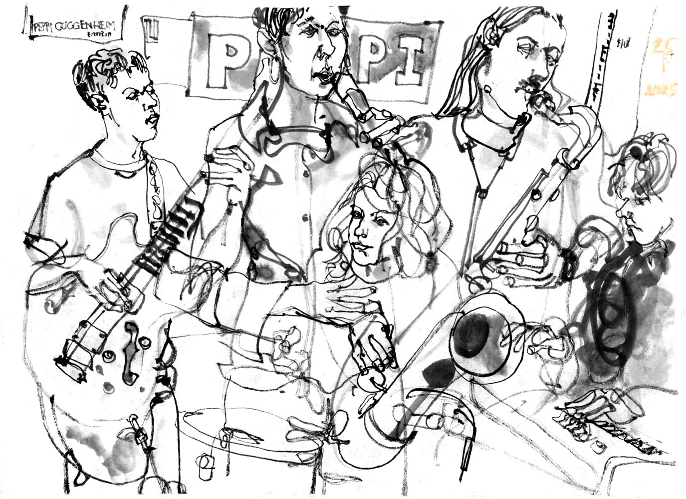 Ink drawing of five musicians.