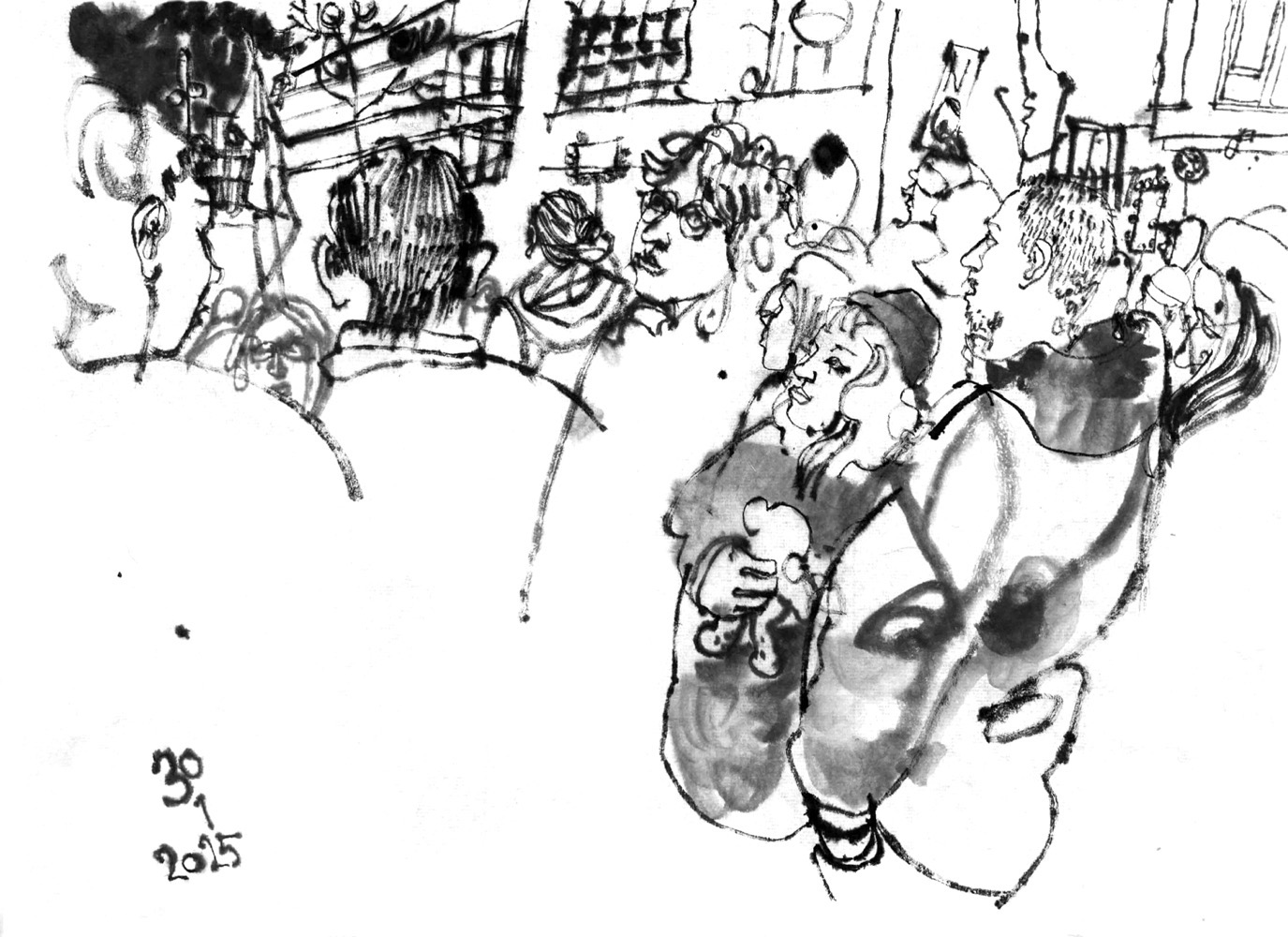 Ink drawing of a demonstration.