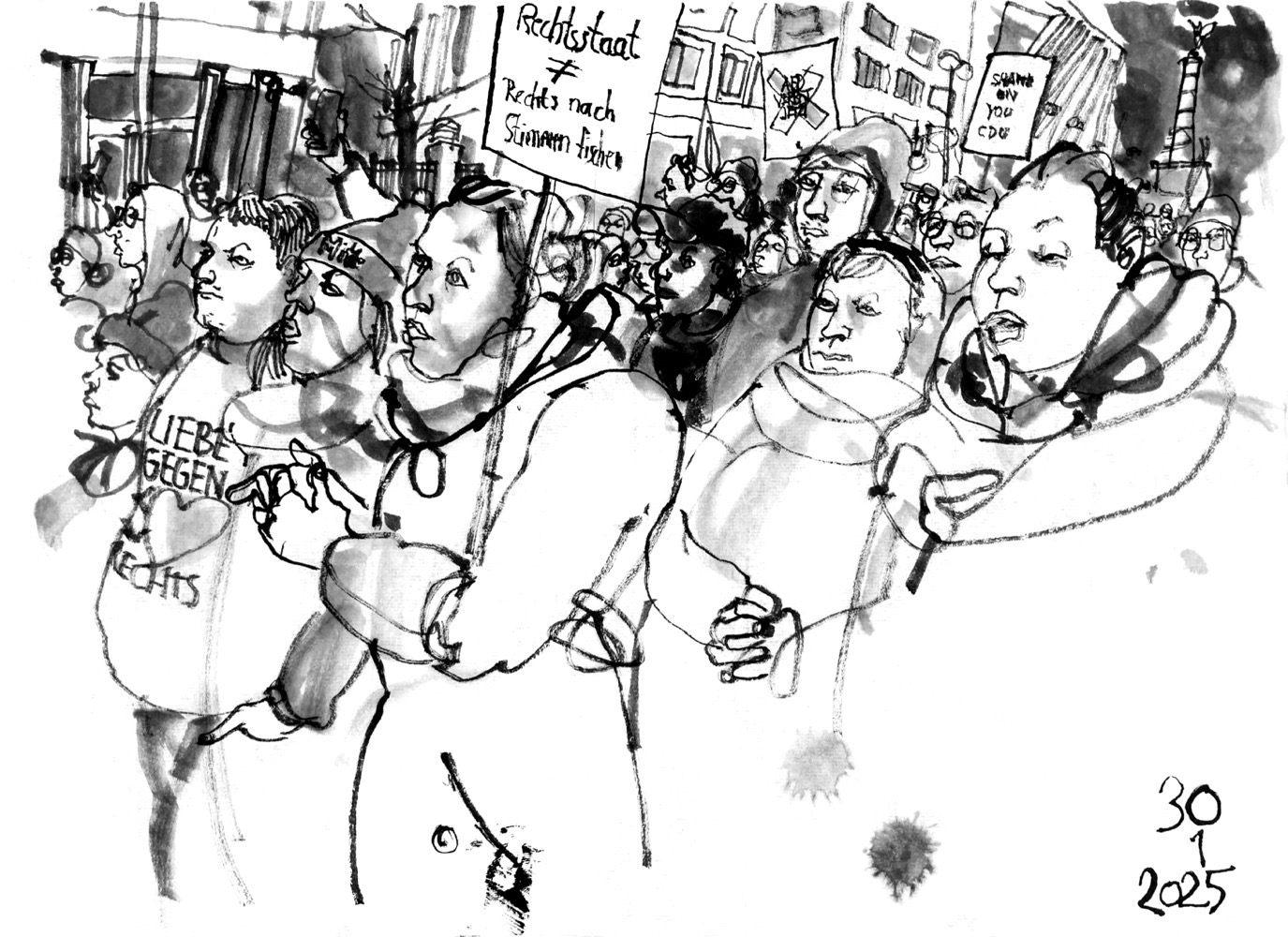 ink drawing of a demonstration. sign : “Rechtsstatt ≠ Rechts nach Stimmen fischen”, “shame on you cdu”, “AfD Verbot jetzt”