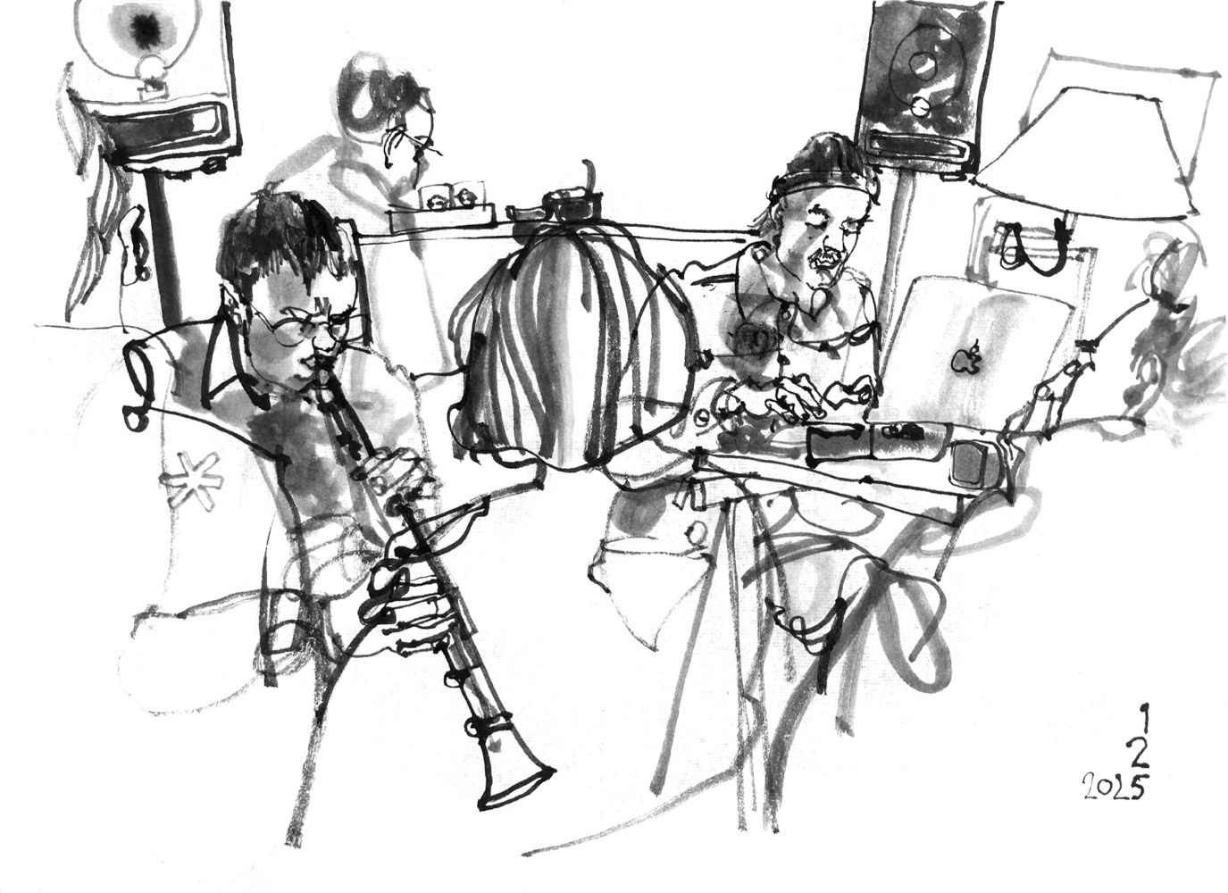 Ink drawing of two musicians, audience in front.