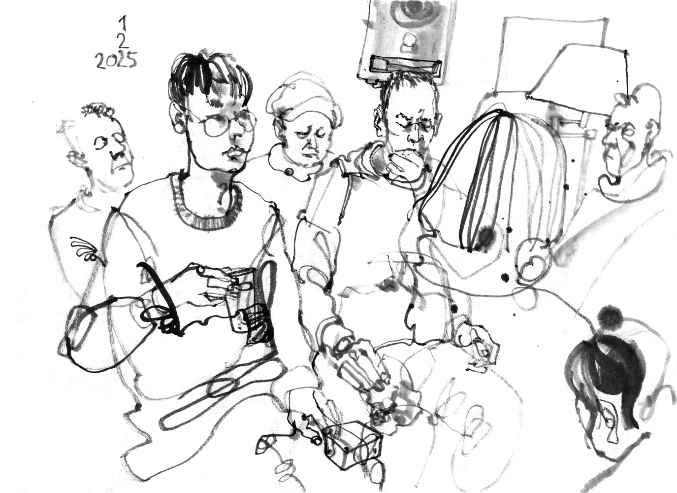 Ink drawing of two male musicians, sitting inbetween audience.