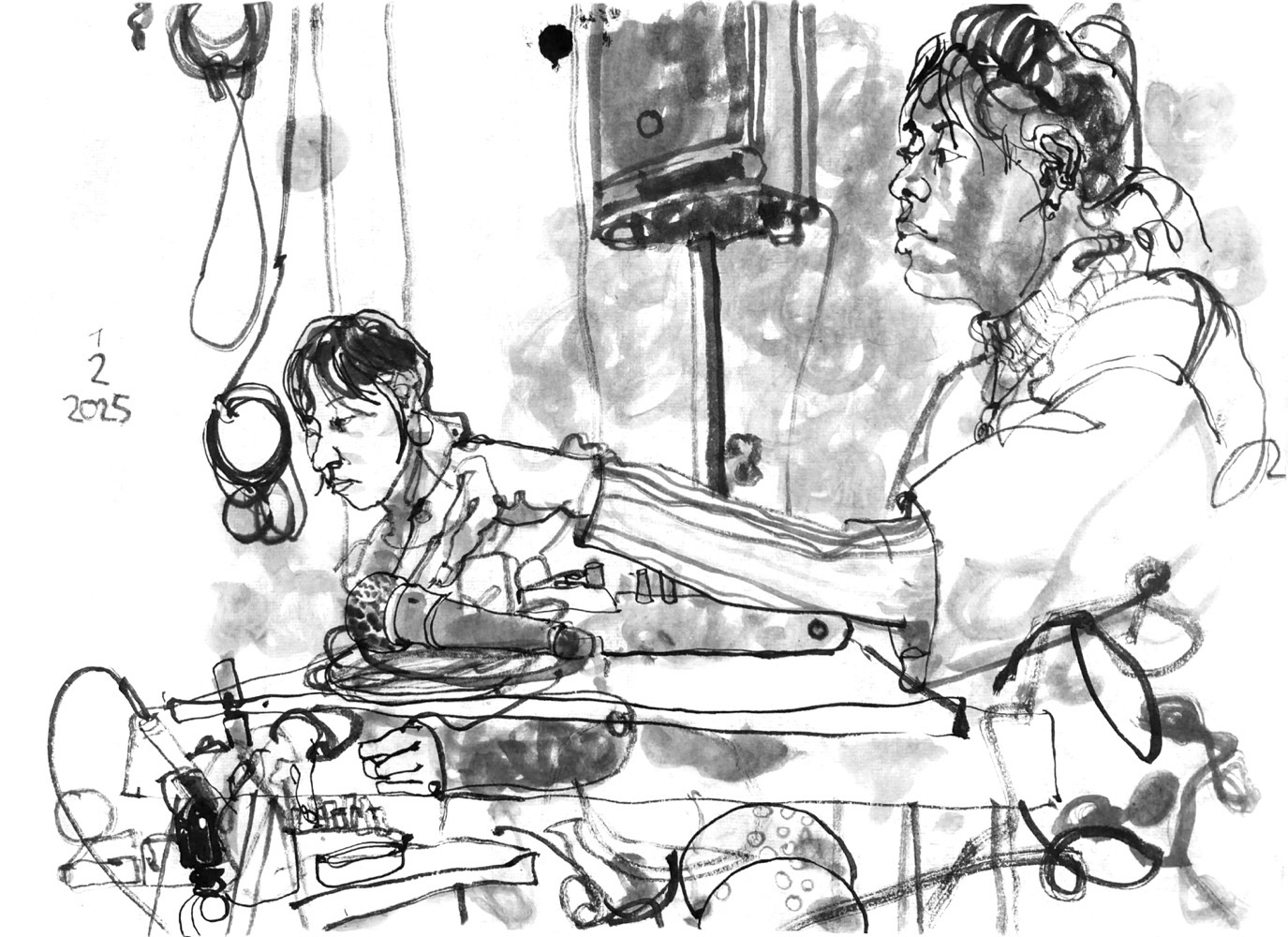 Ink drawing of two female musicians, sitting at desks with devices.