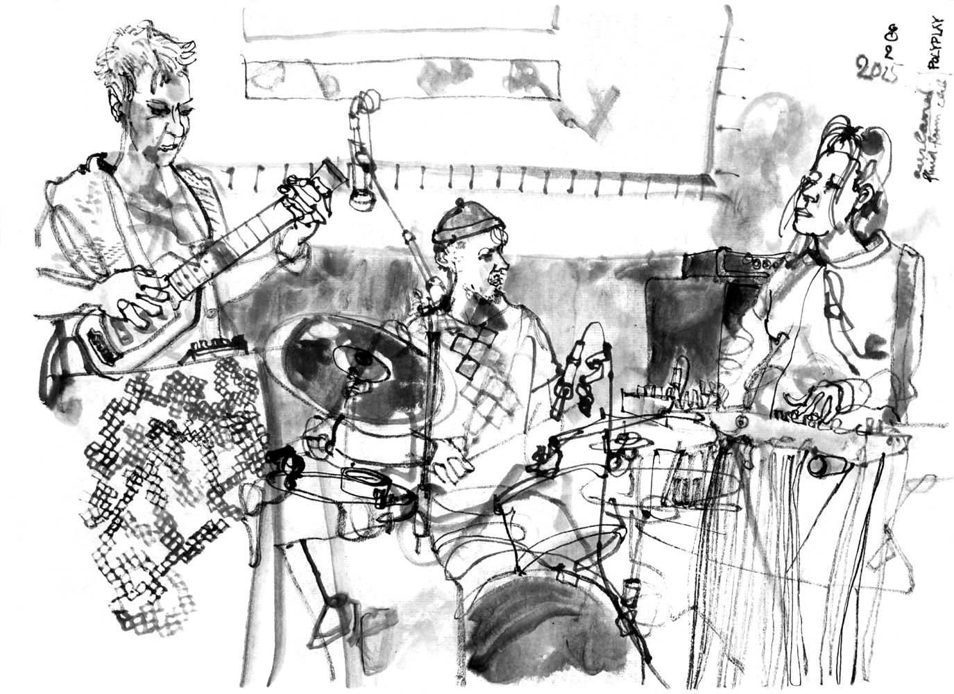 Ink drawing of three musicians, a man playing guitar syntethizer, another man on drums and a woman playing keyboard.