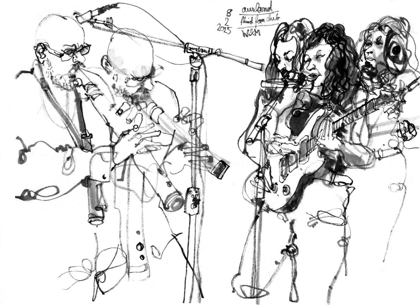 Ink drawing of two musicaian, a man, playing flutes (depicted twice) and a woman, singing and playing guitar (depicted three times).