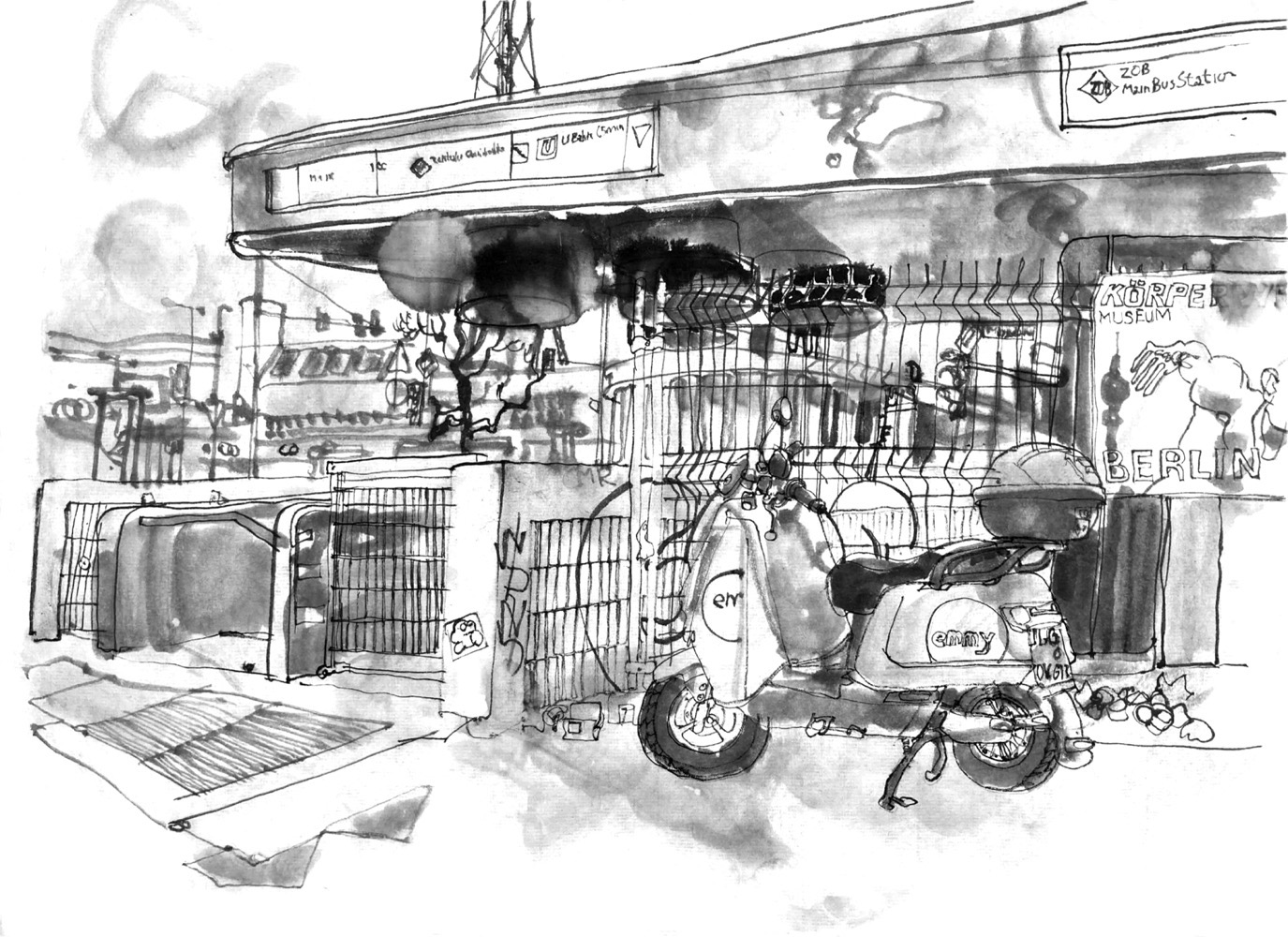 Ink drawing of an entrance to a pedestrian tunnel, roof structure above, a motorcycle with ‘emmy’ lettering in front.