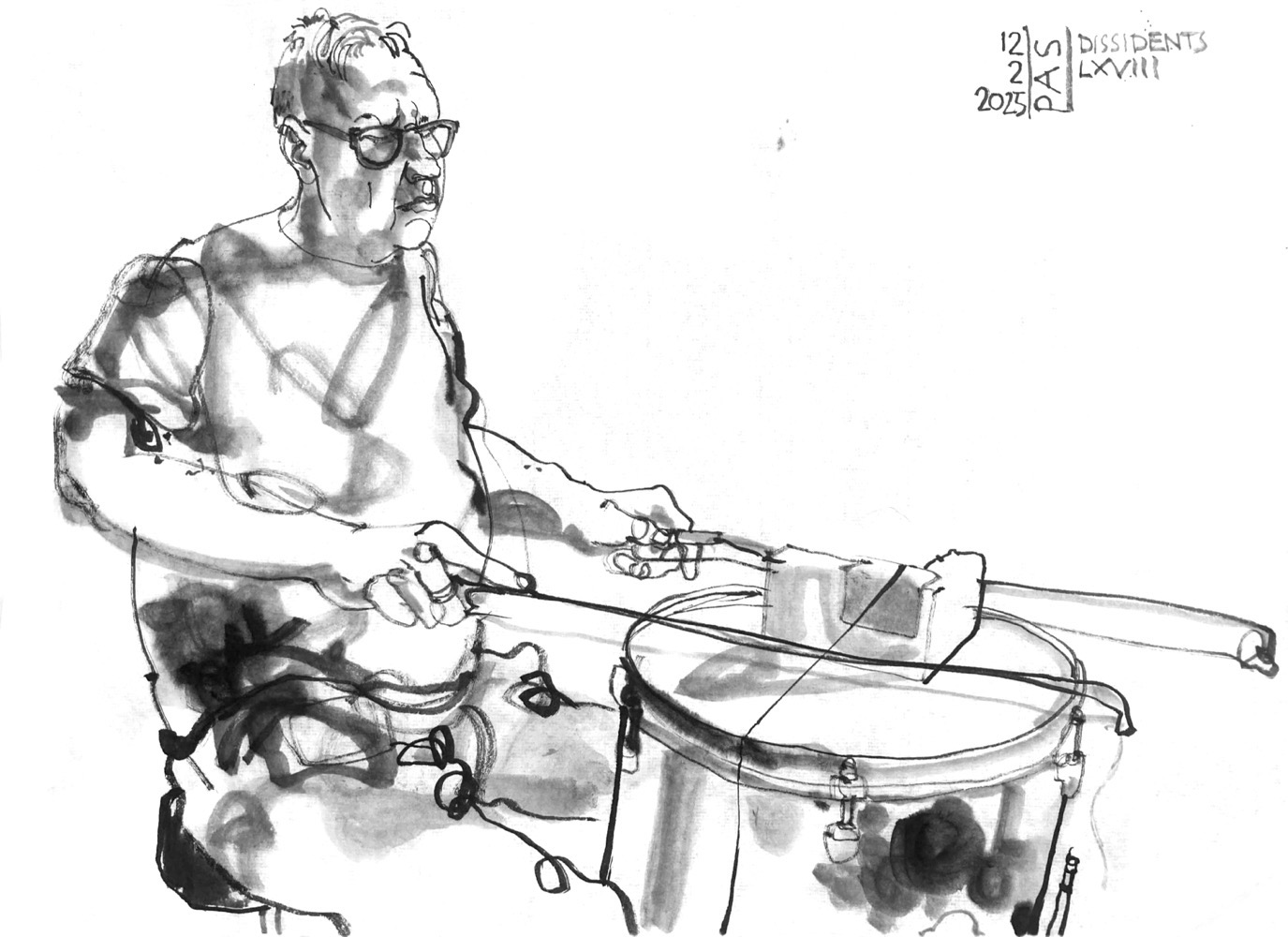 Ink drawing of a man, playing a drum with a string streched onto it, with two violin bows.