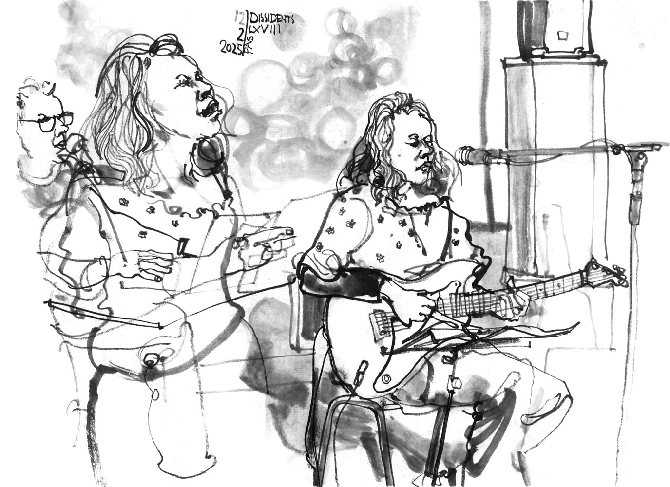 Ink drawing of two musicians, a woman, depicted twice, singing and playing guitar, and a man, sitting at a desk, singing.