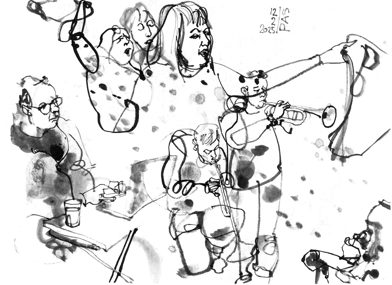 Ink drawing of three performers, a man, sitting at a desk, singing and using electronic devices, a woman, playing trumpet, depicted twice, and a woman, performing with newsprint paper and black color, depicted three times.