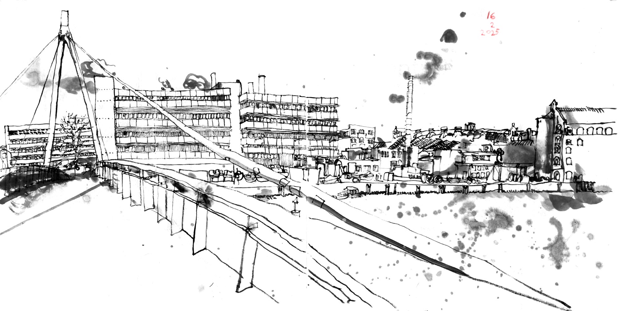 Ink drawing from a pedestrian bridge towards the riverbank, with diverse industrial buildings