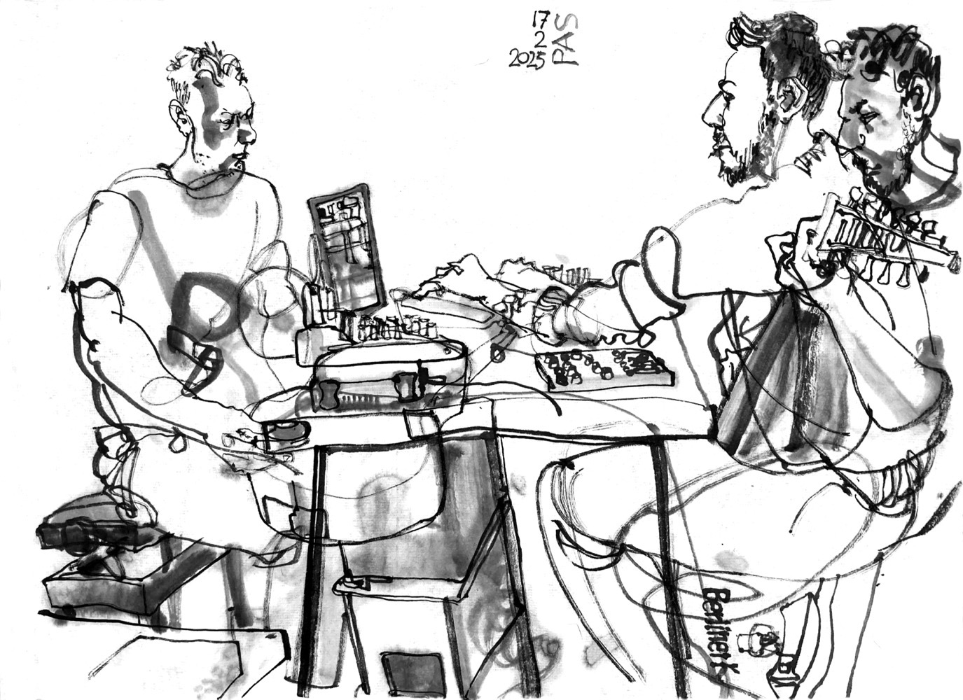 Ink drawing of two male musicians.