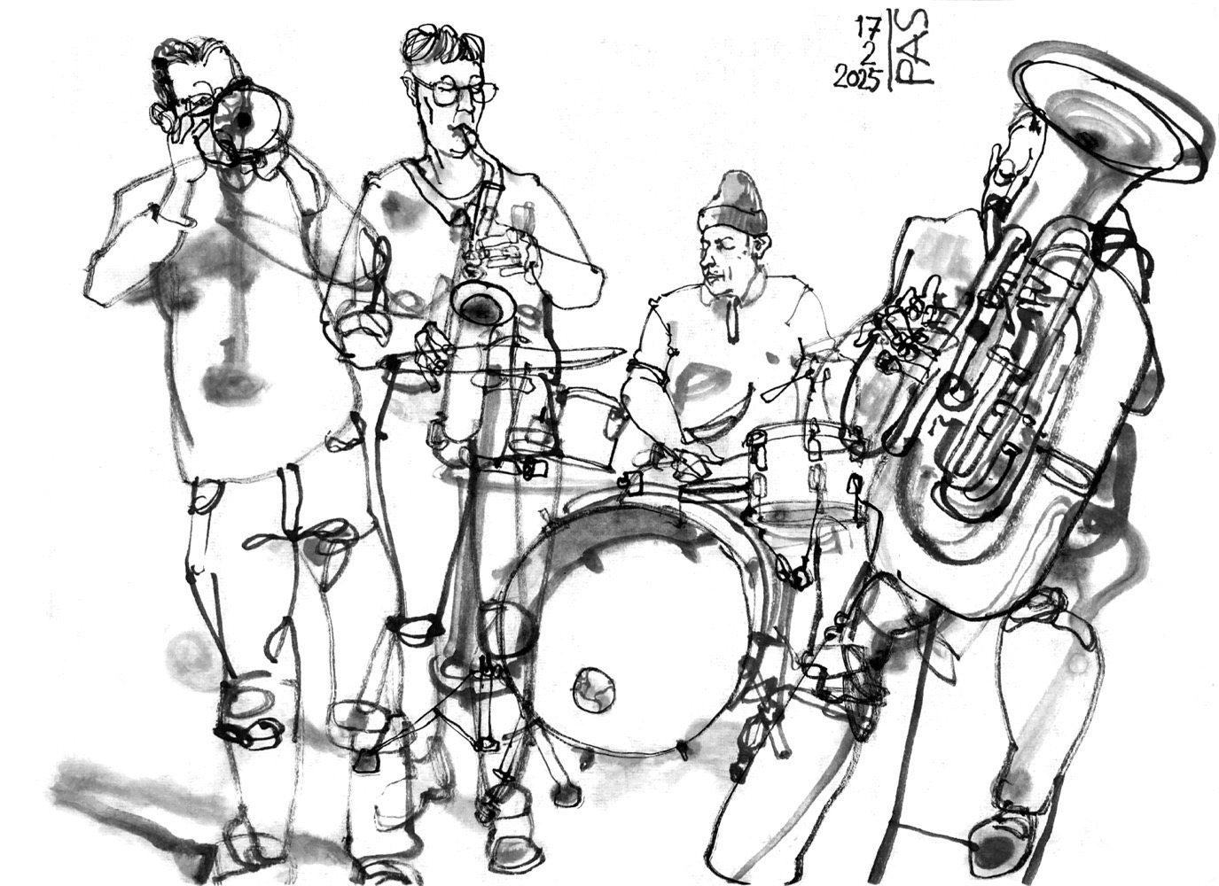 Ink drawing of four musians: a man playing trumpet, a woman on Saxophone, a man on drums and another man playing tuba.