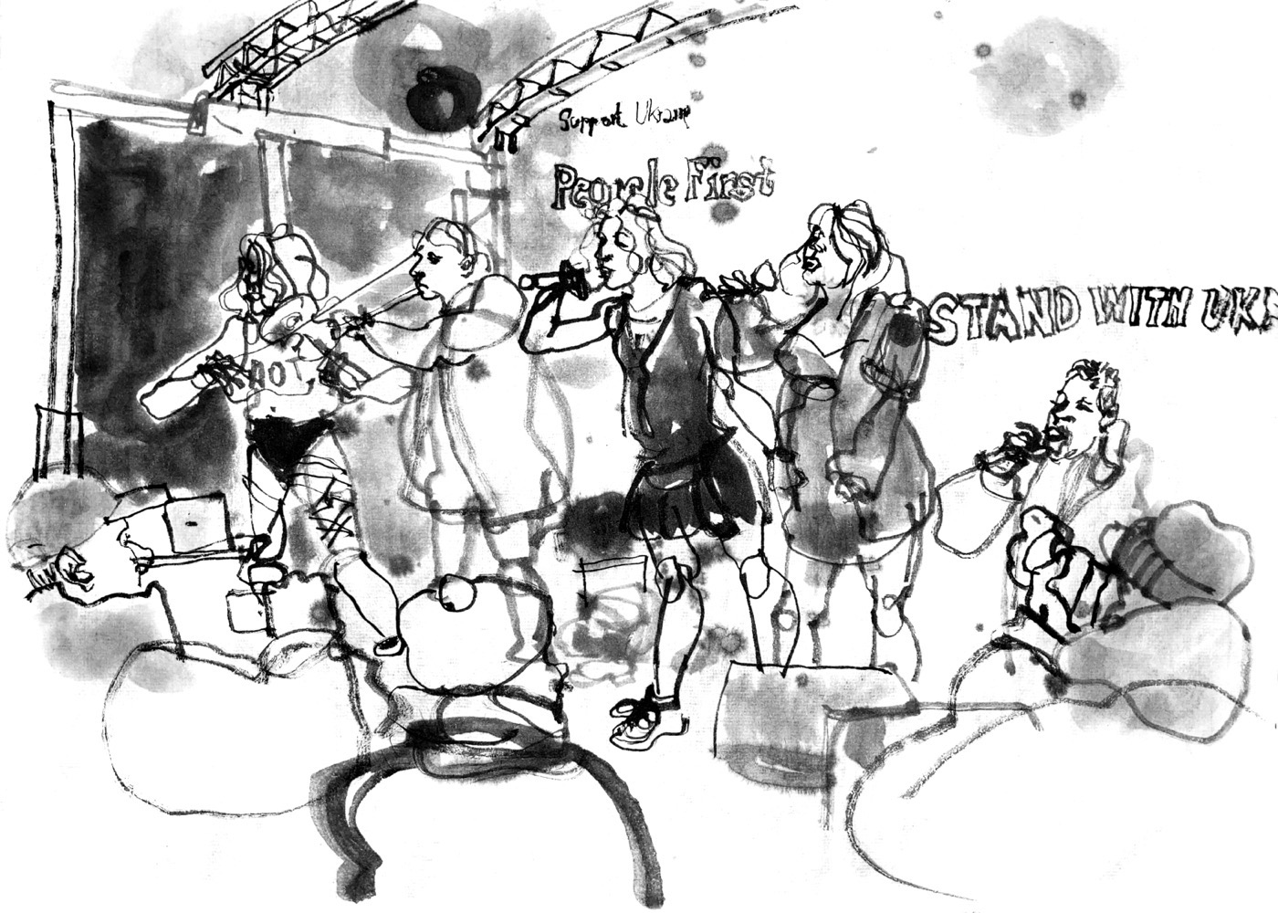 Ink drawing of five musicians, four women and a man, in front of an audience on a stage.