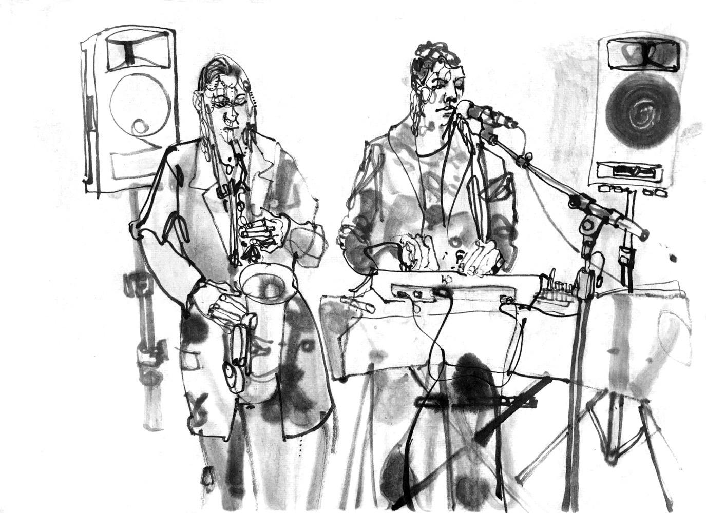 Ink drawing of two female musicians, a saxophon player and another woman on a KORG.