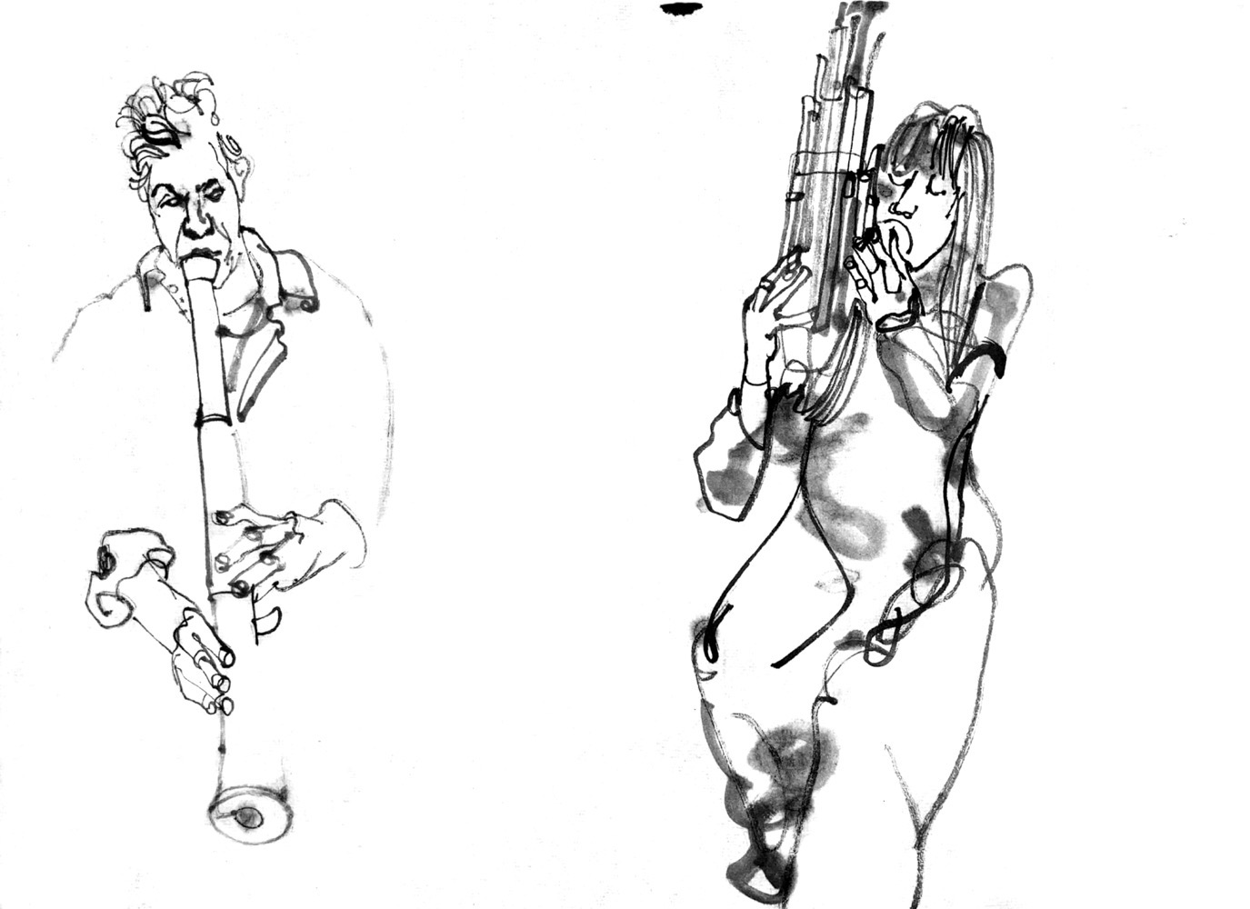 Two ink drawings of musicians: A man playing Shakuhachi un the left and a woman playing Sheng on the right.