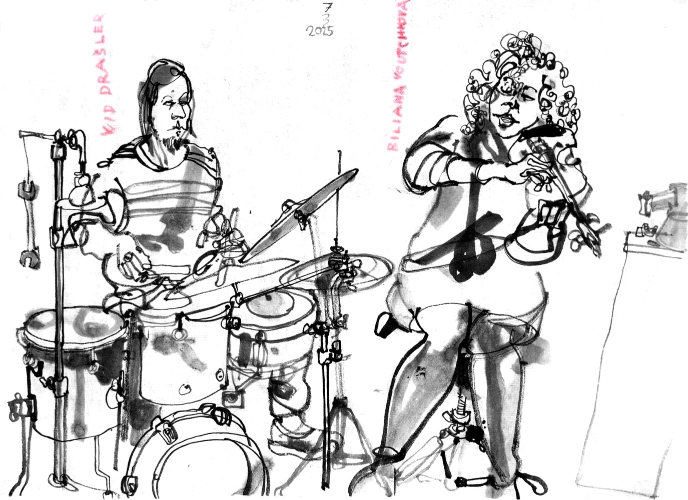 Ink drawing of a male drummer and a female violinist, performing.