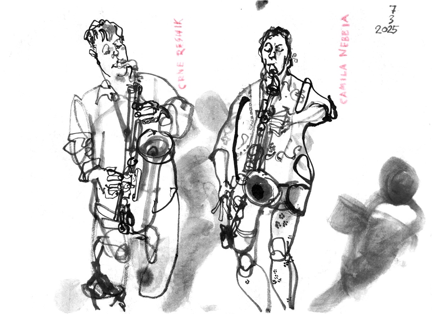 Ink drawing of two saxophone players, a man and a woman, performing.