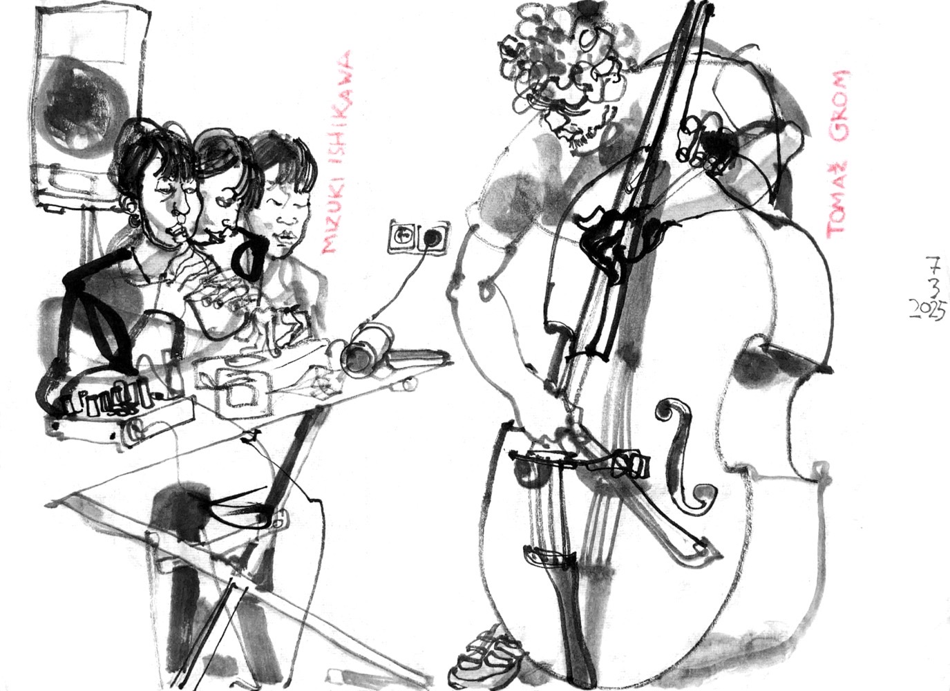 ink drawing of a woman, performing at a desk full of objects and devices and a man, playing double bass.