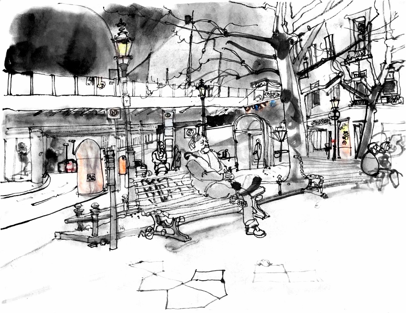 Slightly colored ink drawing of an urban aquare, a man on a bench in front, urban furniture, a busstop and a railway bridge in the back.