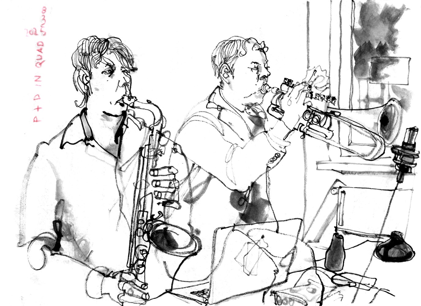 Ink drawing of two musicians, a man playing saxophone and another man playing trumpet.