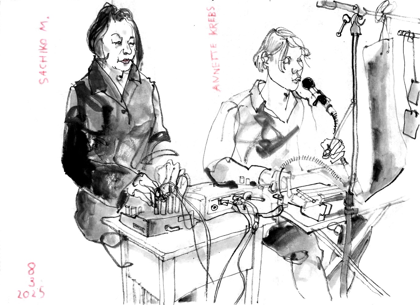 Ink drawing of two musicians, a woman on electronics and another woman playing a construction and singing.