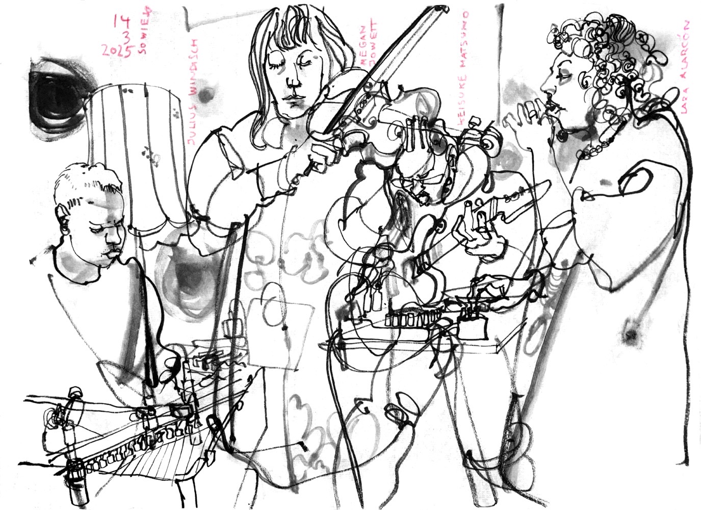 Ink drawing of four musicians: a man playing cembalo, a woman on viola, a man on guitar and a woman singing.