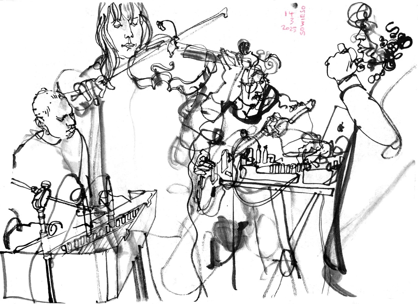 Ink drawing of four musicians: a man playing cembalo, a woman on viola, a man on guitar and a woman singing.