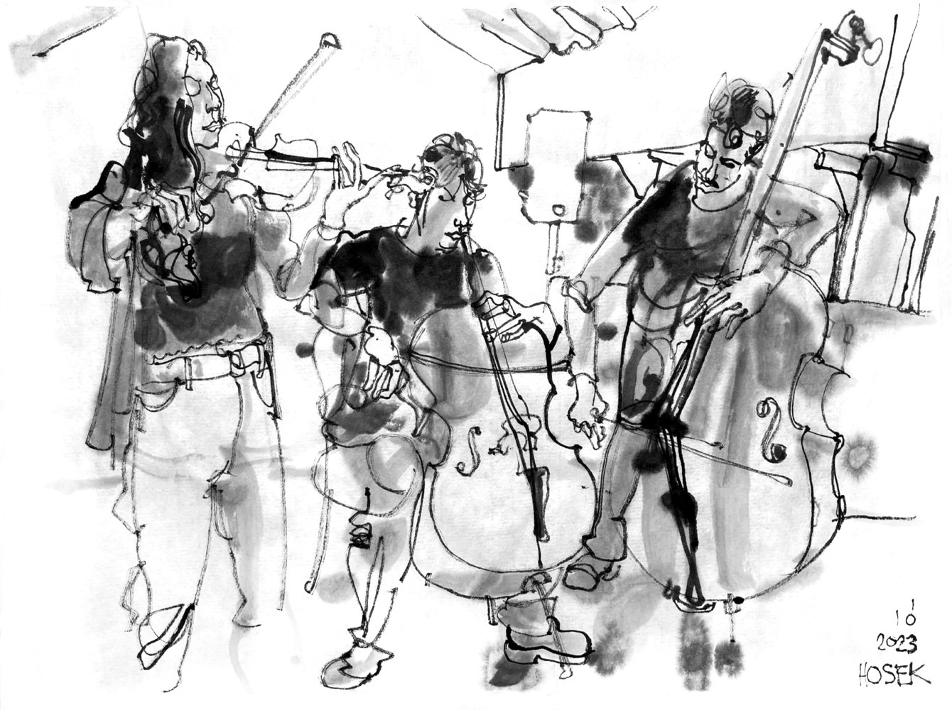 Ink drawing of three musicians.