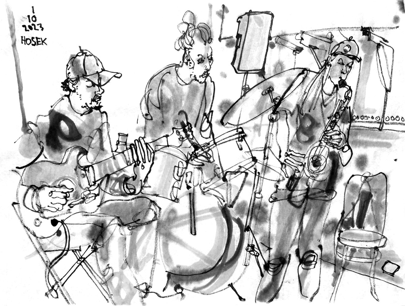 Ink drawing of three musicians.