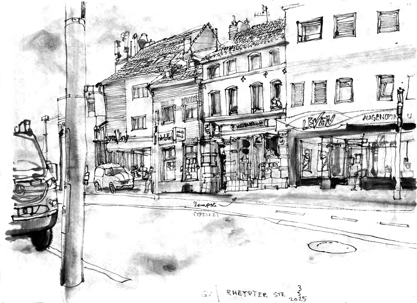 Ink drawing of a street, two to three store houses on the opposite side, two cars, a woman viewing out of a window, signs of shops and restaurants.
