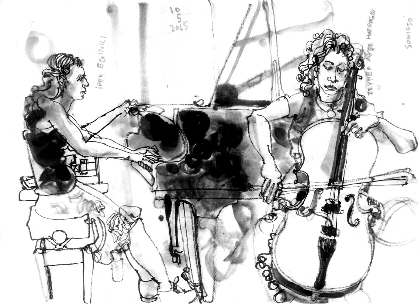 Ink drawing of two musicians, a woman playing piano and another woman playing cello.