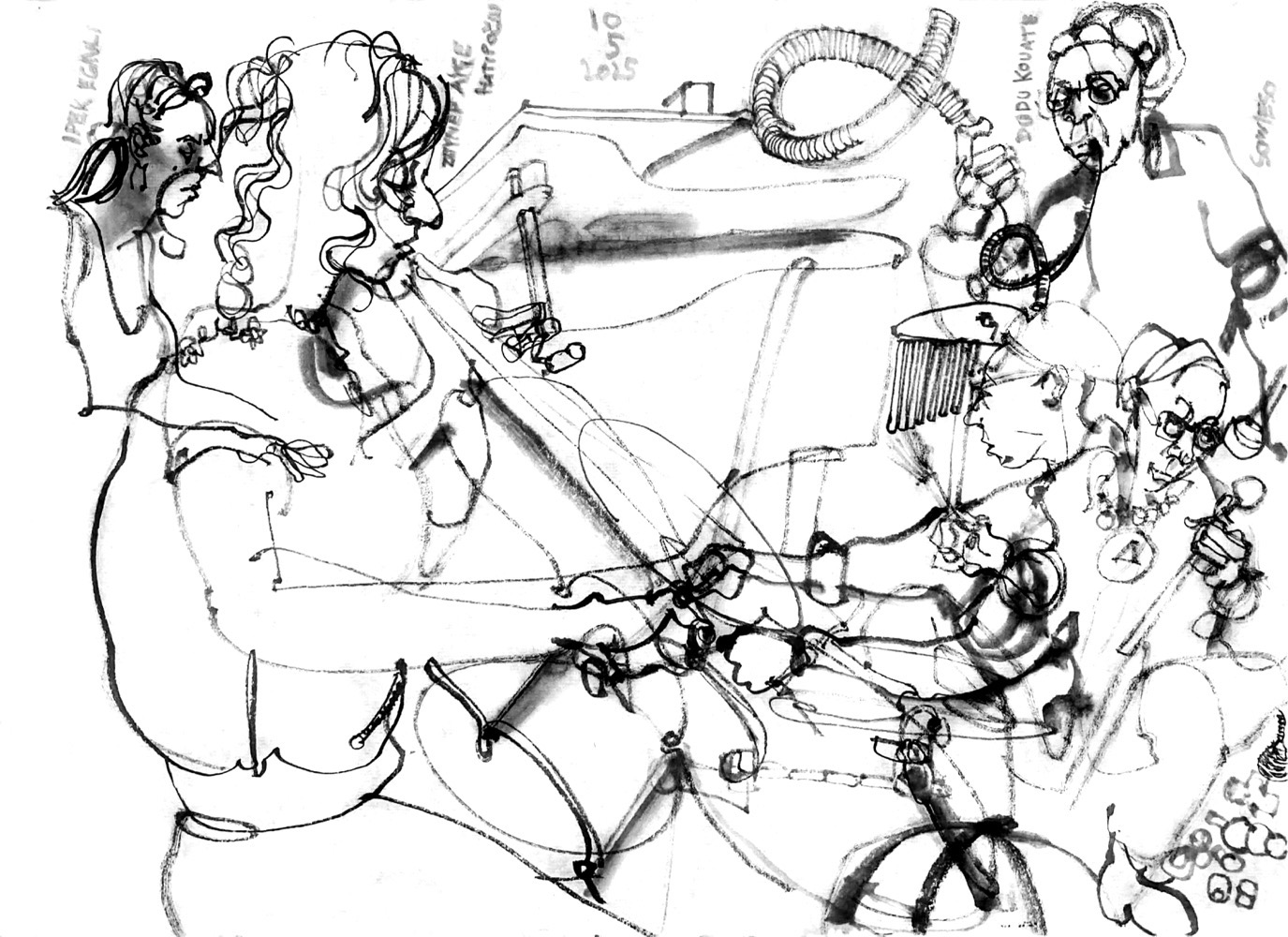 Ink drawing of three musicians, a woman on piano, another woman on cello and a man doing percussion on mullziple objects and instruments, depicted three times.