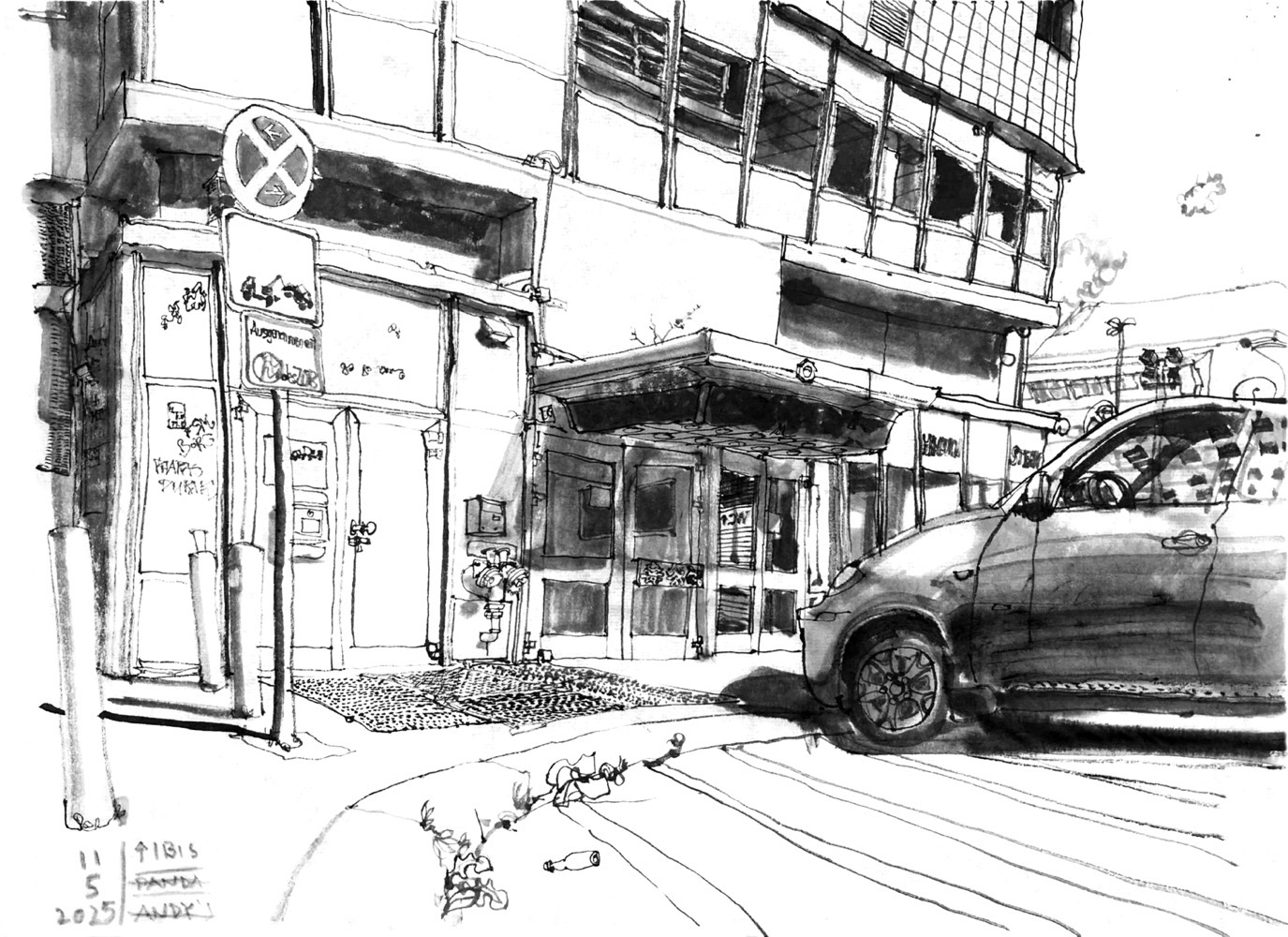 Ink drawing of the base area of a high rise building, the lower two floors empty. Car in front.