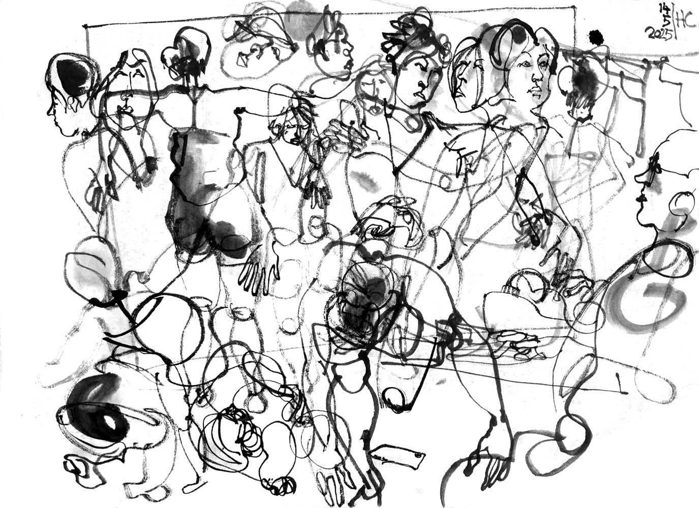 Ink drawing of a woman dancing, depicted in multiple overlaying states, musician at a desk with electronics at the right.