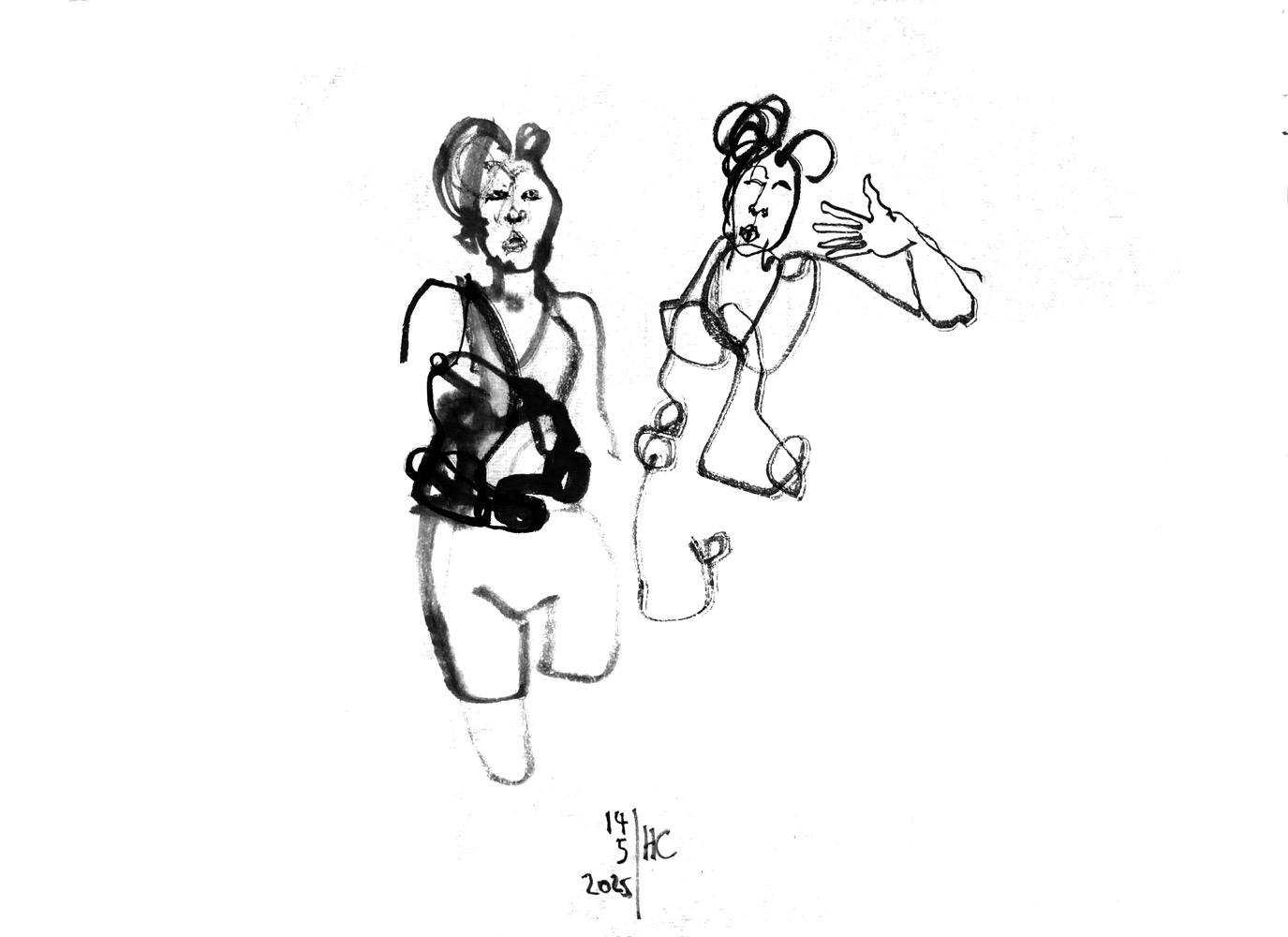 Ink drawing of a female dancer, depicted twice.