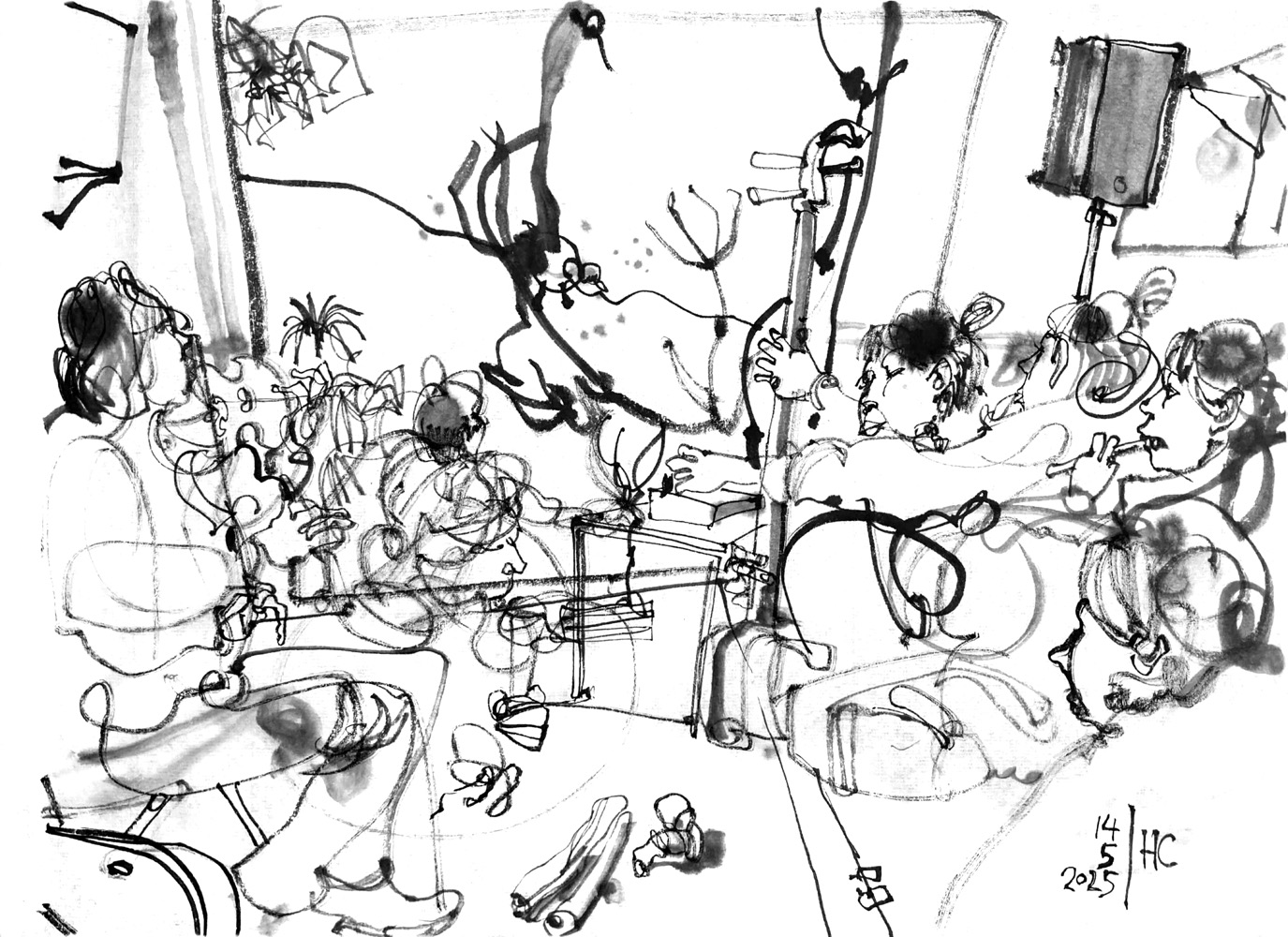 Ink drawing of three performers, left a man playing violin, right a woman, playing shamisen, electronics and a flute, and moving around, a woman manipulating objects. The women are depicted multiple times, there is a projecting in the back, showing a duckling and silhouettes of branches, on the floor is a mushroom and branches.