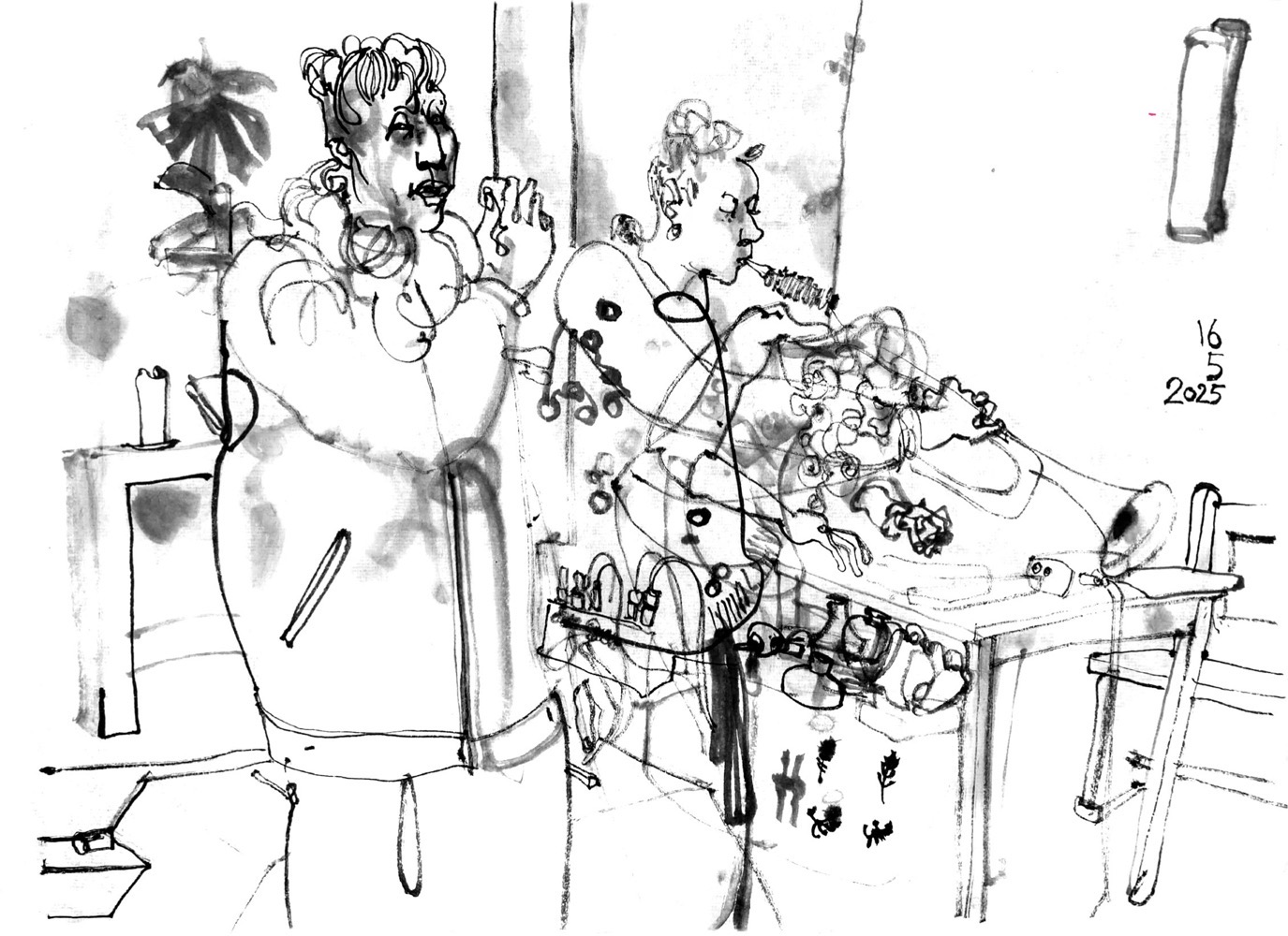 Ink drawing of three musicians, a vocalist, a trumpet player and electronics.