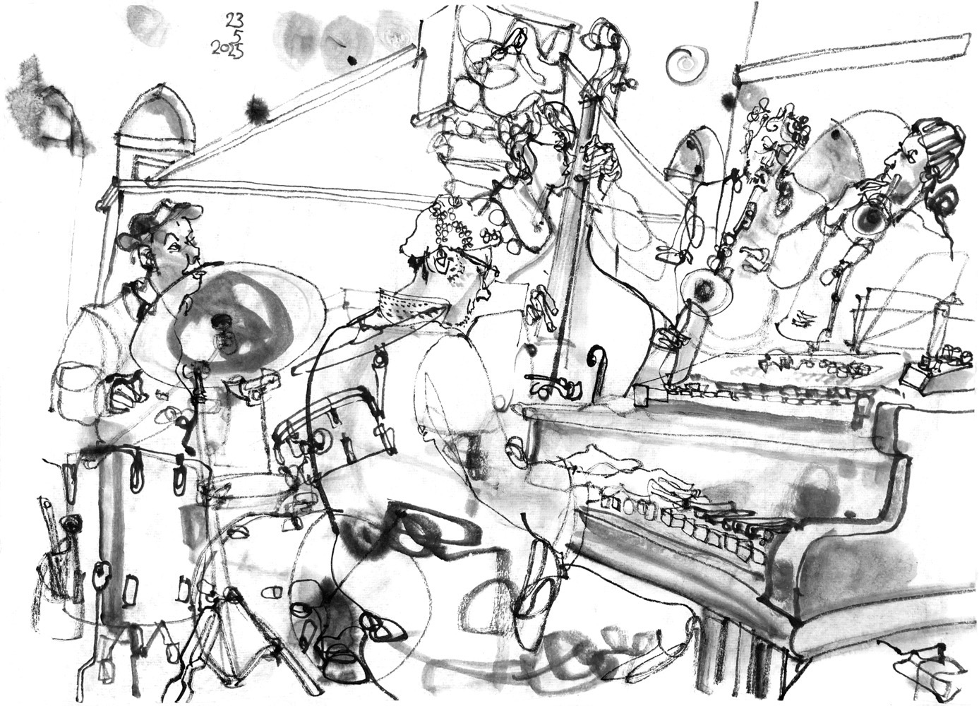 ink drawing of five musicians, performing on a stage in a church room.