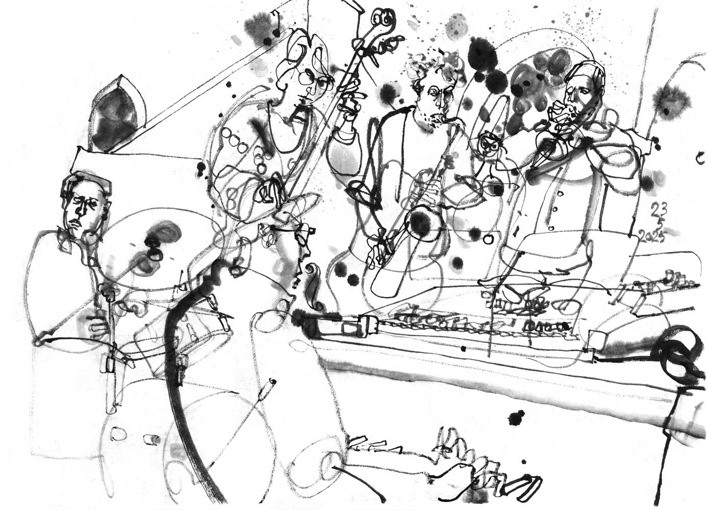 ink drawing of six musicians, performing on a stage in a church room.