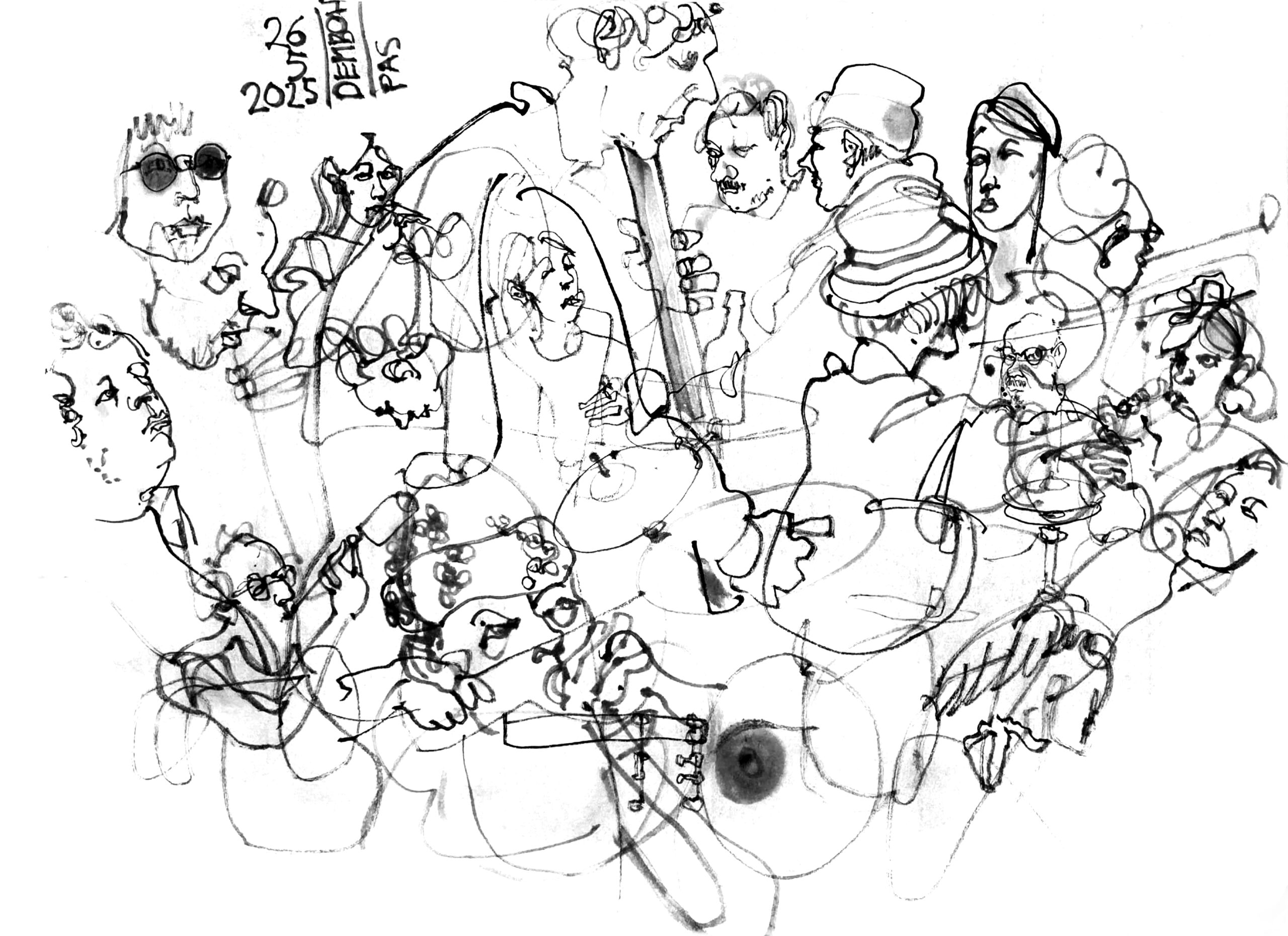 Ink drawing of multiple performers